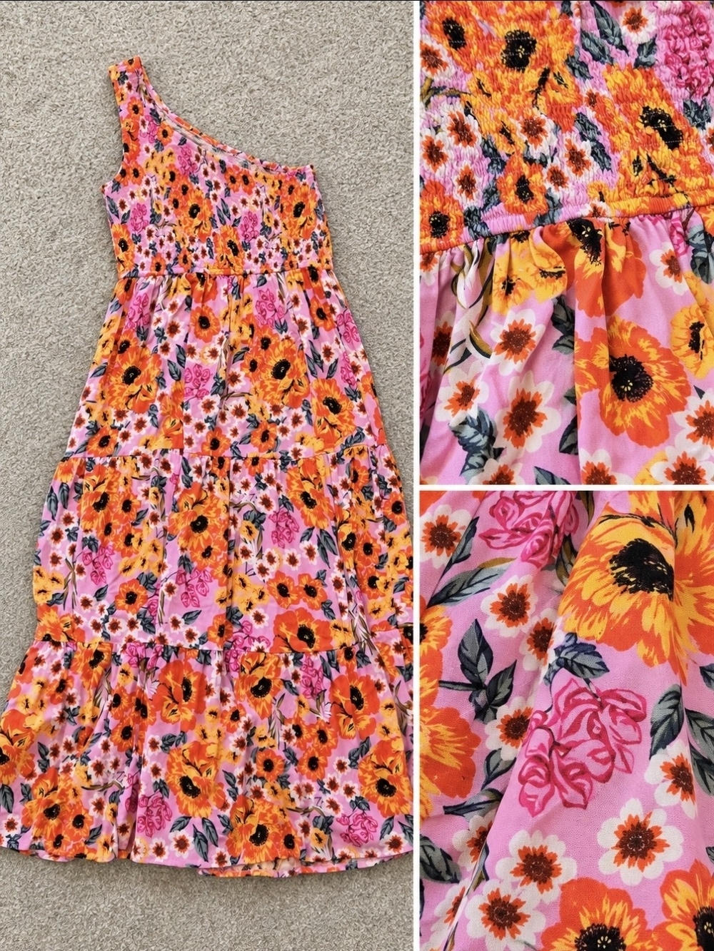 One-Shoulder Floral Midi Dress in Pink & Orange